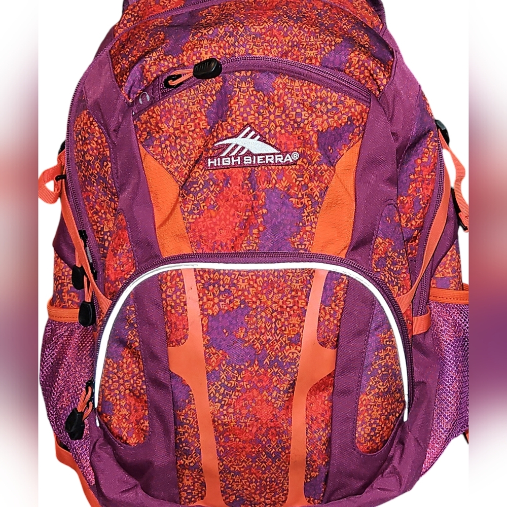 High Sierra Backpack Orange, 3 zippered pockets and side pockets